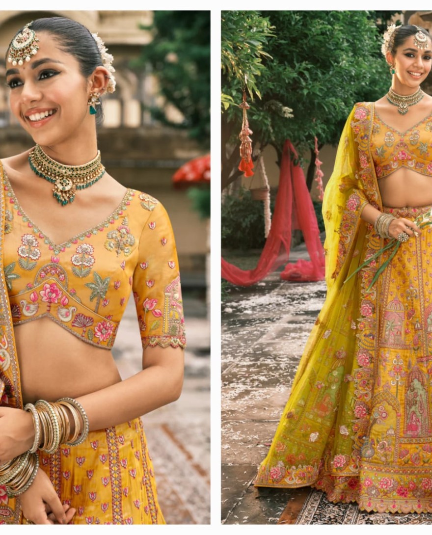 Yellow - Yellow & Green Fancy Silk Lehenga Choli With Cut Work Embroidery Border & Stone Work